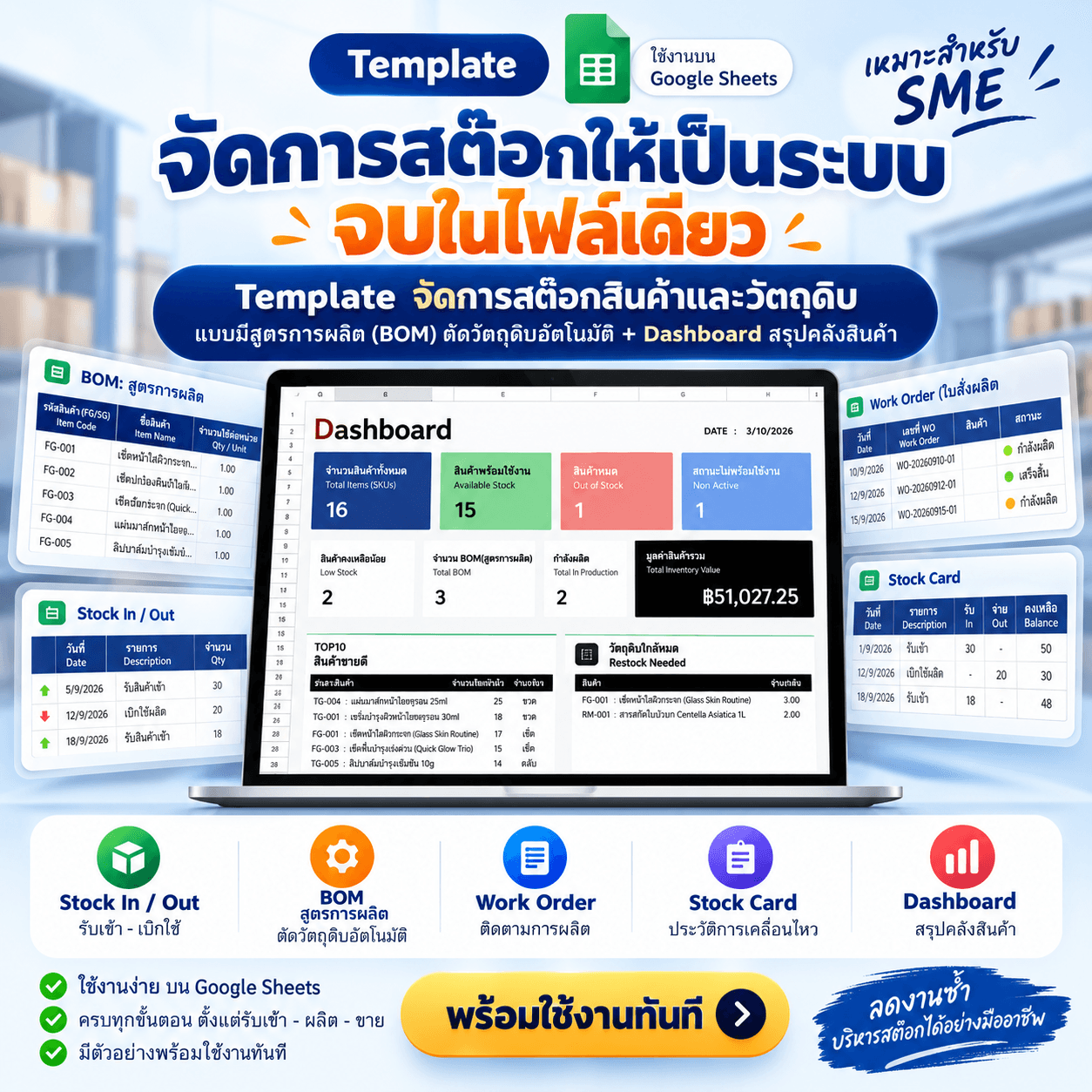 Template จัดการสต๊อกสินค้าและวัตถุดิบ สำหรับ SME แบบมีสูตรการผลิต (BOM) ตัดวัตถุดิบอัตโนมัติ + Dashboard สรุปคลังสินค้า รูปที่ 1